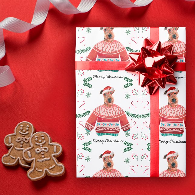 Papel De Presente Cachorro Airedale Vestindo Suéter de Natal Festivo (Criador carregado)