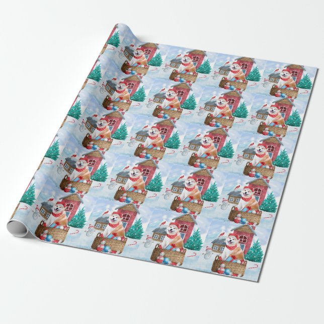 Papel De Presente Cachorro Akita na Casa de Natal na Neve (Desenrolado)
