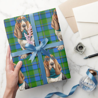 Papel De Presente Cachorro Basset Hound com um Cachecol Azul Monogra