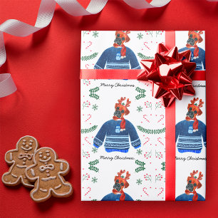 Papel De Presente Cachorro Boxer Vestindo Suéter de Natal Festivo