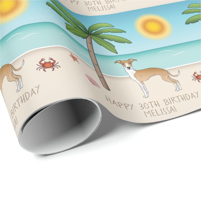 Papel De Presente Cachorro Branca E Fawn Em Uma Praia Tropical De Ve (Ponta do rolo)