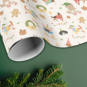 Papel De Presente Cachorro Cachorrinho De Natal Festivo Colorido Fof
