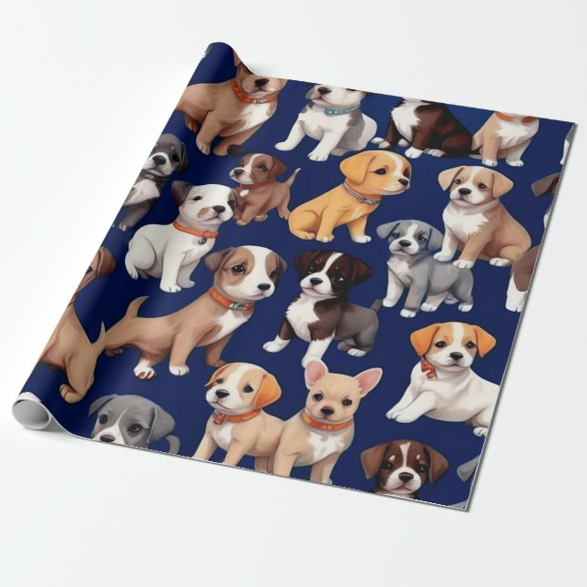 Papel De Presente Cachorro Cachorro Marinho Design de Padrão Azul (Desenrolado)