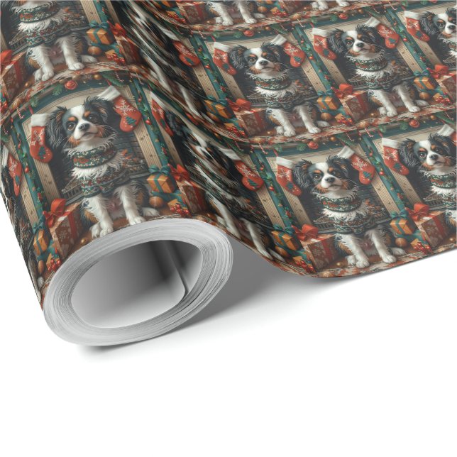 Papel De Presente Cachorro Chin Japonês com Presentes de Natal na La (Ponta do rolo)