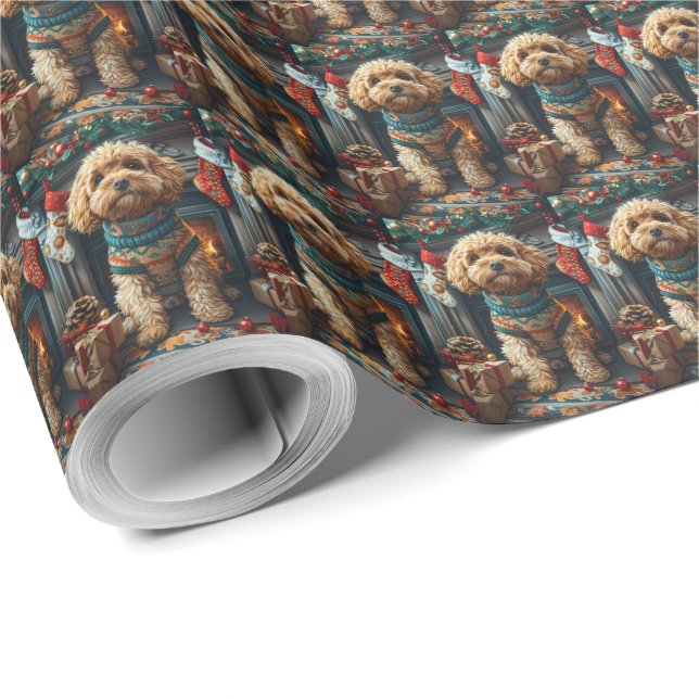 Papel De Presente Cachorro Cockapoo com Presentes de Natal na Lareir (Ponta do rolo)