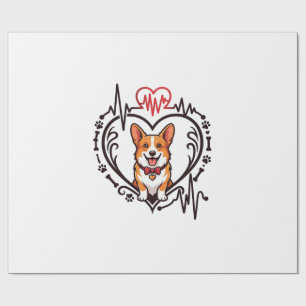 Papel De Presente Cachorro Corgi Coração Batimento Cardíaco Ekg Grav