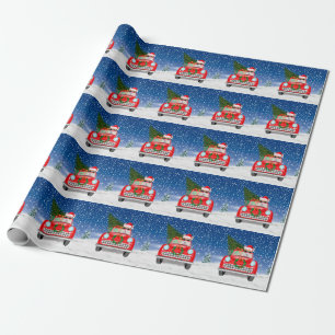 Papel De Presente Cachorro Corgi Dirigindo Carro na Neve Natal