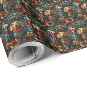 Papel De Presente Cachorro Dachshund com Presentes de Natal Lareira