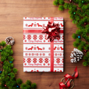 Papel De Presente Cachorro Dachshund Nórdico Vermelho Natal