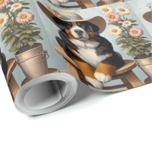 Papel De Presente Cachorro-de-Bona-Bonita com Chapéu e Flores