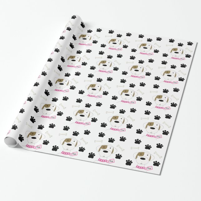 Papel De Presente Cachorro de Desenho Animado com Pegadas de Pata (Desenrolado)