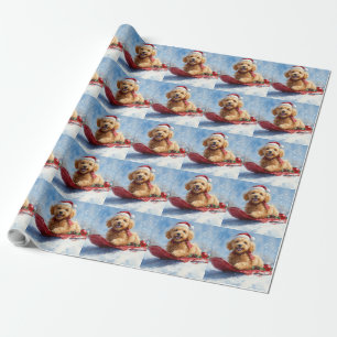 Papel De Presente Cachorro de Goldendoodle no Sledge Deixe-o nevar n