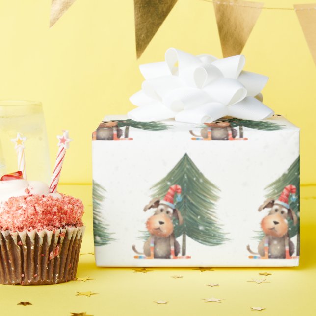 Papel De Presente Cachorro de Natal e Pinheiro em Flocos de Neve (Festa de aniversário)