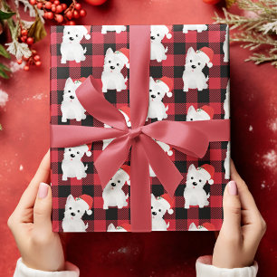 Papel De Presente Cachorro de West Highland com Xadrez de Santa Hat