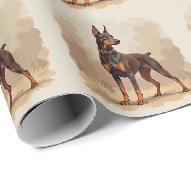 Papel De Presente Cachorro Doberman Pinscher Marrom Ferrugem Vermelh (Ponta do rolo)