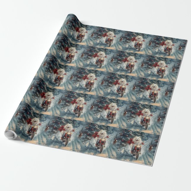 Papel De Presente Cachorro Esquimó Americano Andando de Moto Natal  (Desenrolado)