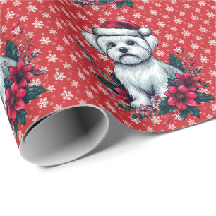 Papel De Presente Cachorro Festivo Maltês Floral com o Cachorro Sant