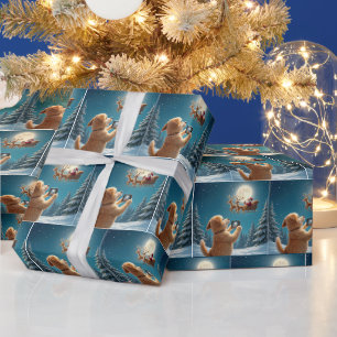 Papel De Presente Cachorro Fotografando Papai Noel No Trenó