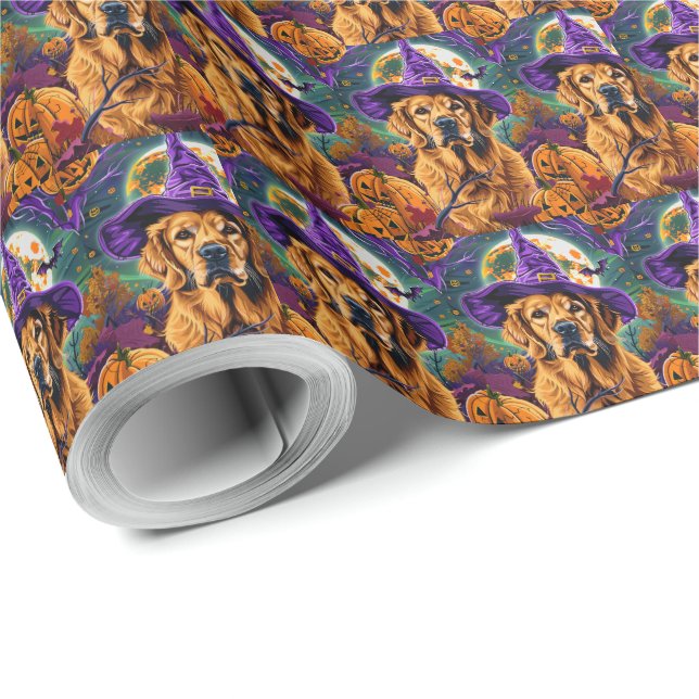 Papel De Presente Cachorro Golden Retriever Assustador Abóbora de Br (Ponta do rolo)