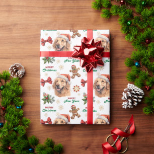 Papel De Presente Cachorro Golden Retriever de Natal com Chapéu de P