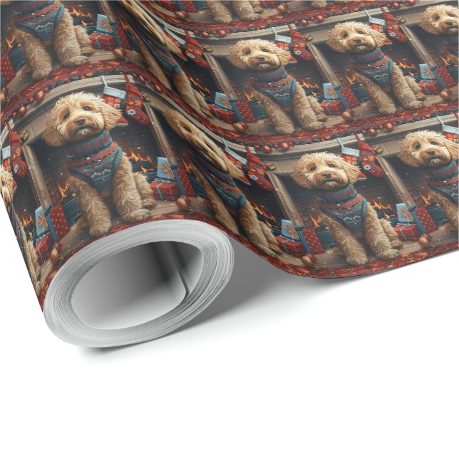 Papel De Presente Cachorro Goldendoodle com Presentes de Natal Larei (Ponta do rolo)