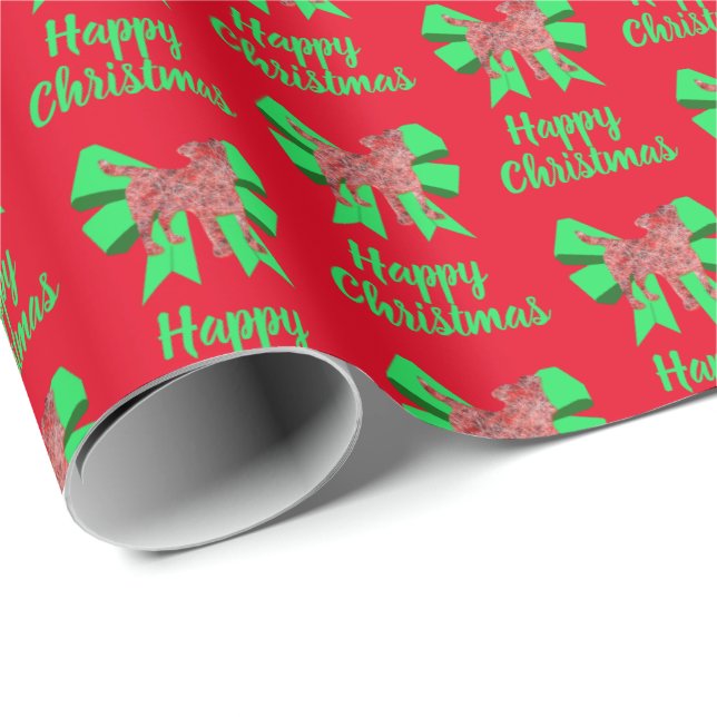 Papel De Presente Cachorro Jack Russell Terrier Natal & Laço Verde V (Ponta do rolo)