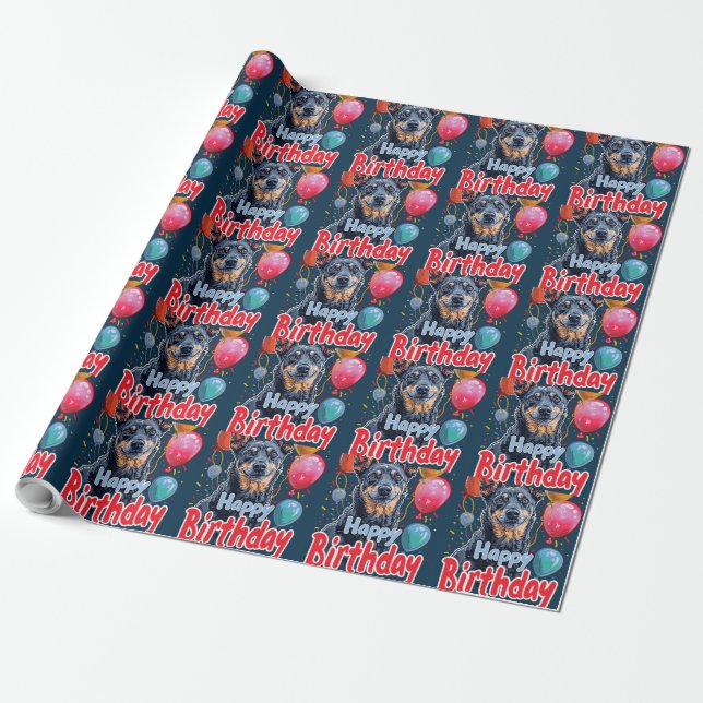 Papel De Presente Cachorro Kelpie Australiano com Balões de Aniversá (Desenrolado)