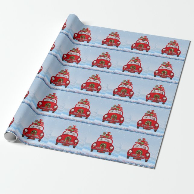 Papel De Presente Cachorro Maltês No Carro Com Papai Noel (Desenrolado)