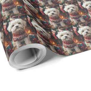 Papel De Presente Cachorro Malti Tzu com Presentes de Natal Lareira