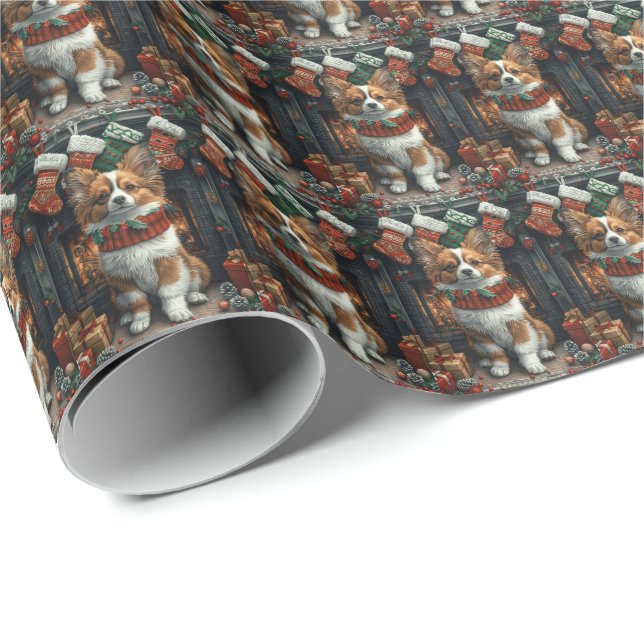 Papel De Presente Cachorro Papillon com Presentes de Natal Lareira (Ponta do rolo)
