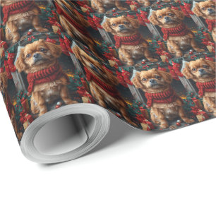 Papel De Presente Cachorro Pekingês com Lareira de presentes de Nata