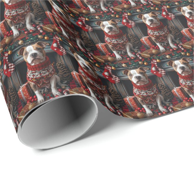 Papel De Presente Cachorro Pitbull Com Presentes De Natal Lareira (Ponta do rolo)