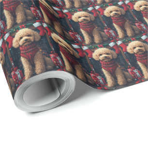 Papel De Presente Cachorro Poodle com Presentes de Natal Lareira