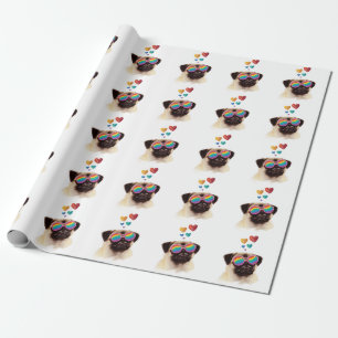 Papel De Presente Cachorro Pug com Corações Dia dos Namorados