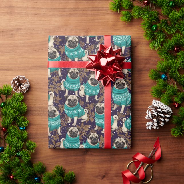 Papel De Presente Cachorro Pug Elegante em Suéter Teal Roxo e Dourad (Presente de Natal)