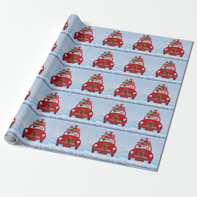 Papel De Presente Cachorro Pug no carro com Papai Noel  (Desenrolado)