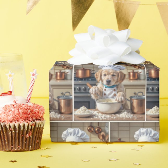 Papel De Presente Cachorro Retriever Dourado Chef Assado (Festa de aniversário)