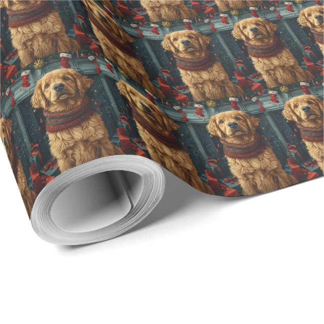 Papel De Presente Cachorro Retriever Dourado com Presente de Natal n (Ponta do rolo)