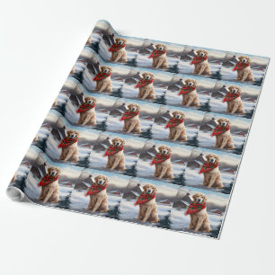 Papel De Presente Cachorro Retriever Dourado na Neve Natal