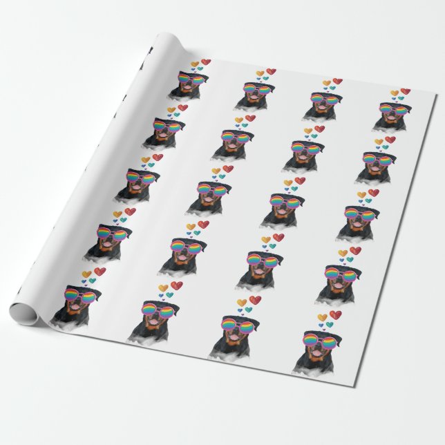 Papel De Presente Cachorro Rottweiler com Corações Dia dos Namorados (Desenrolado)