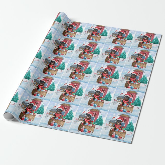 Papel De Presente Cachorro Rottweiler Na Casa Dos Cachorros De Natal (Desenrolado)