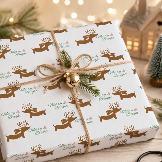 Papel De Presente Cachorro salsicha de rena Alegre & Brilhante (Dachshund Merry & Bright Wrapping Paper Reindeer )