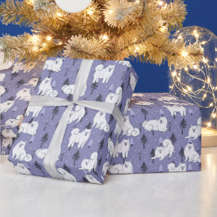 Papel De Presente Cachorro Samoyed Com Neve Ao Fundo Em Árvores De P