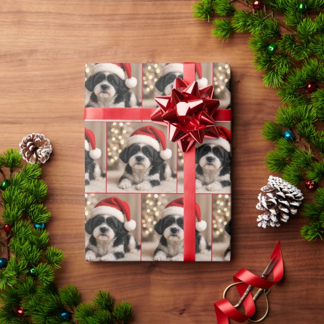 Papel De Presente Cachorro Shih Tzu de Natal Com Chapéu de Papai Noe (Presente de Natal)