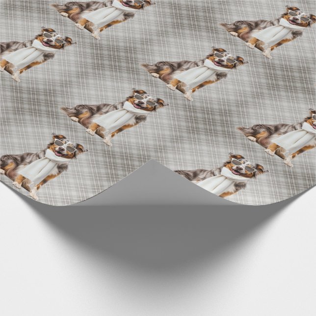 Papel De Presente Cachorro Stylish Australian Shepherd e Xadrez (Ponta)