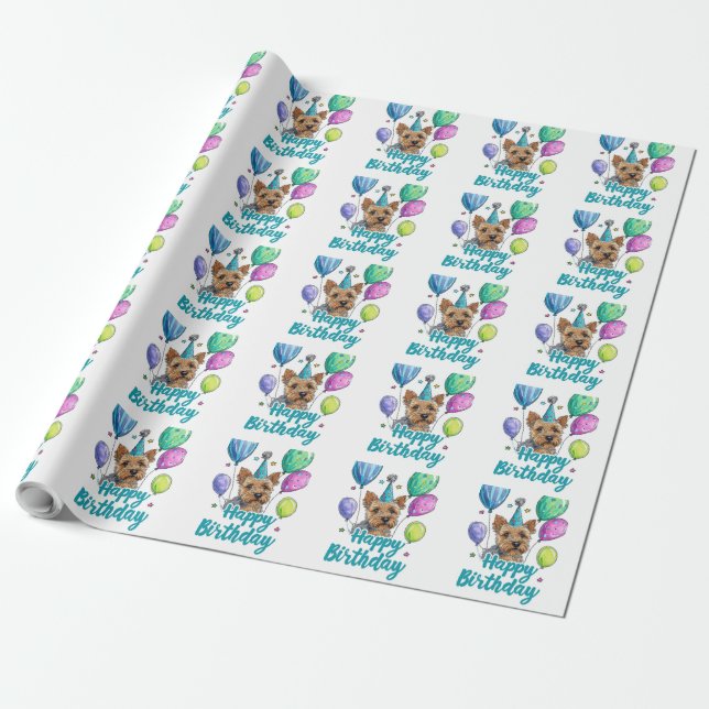 Papel De Presente Cachorro Terrier Australiano com Balões de Anivers (Desenrolado)