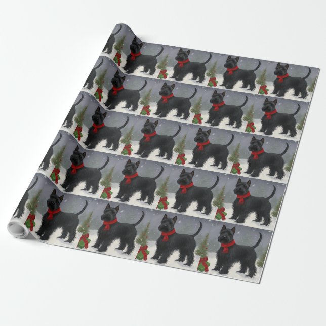 Papel De Presente Cachorro Terrier Escocês na Neve Natal (Desenrolado)