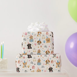 Papel De Presente Cachorros de Aniversário Fofos Aquarela Amante de 