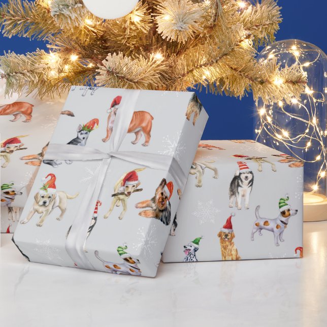 Papel De Presente Cachorros de Natal bonitos com Papai Noel (Feriados)