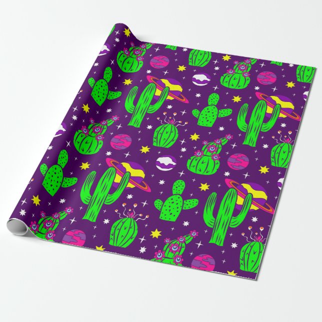 Papel De Presente cacto do espaço exterior deserto planetas alieníge (Desenrolado)